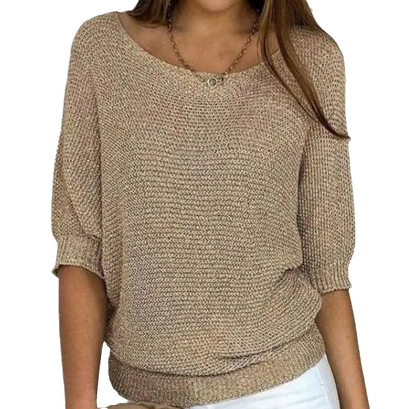 Lila | Chic Blue Textured Knit Pullover With 3/4 Sleeves
