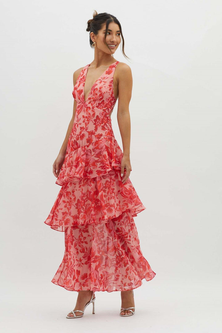 Cordelia | Elegant Tiered Floral V-Neck Ruffle Maxi Dress