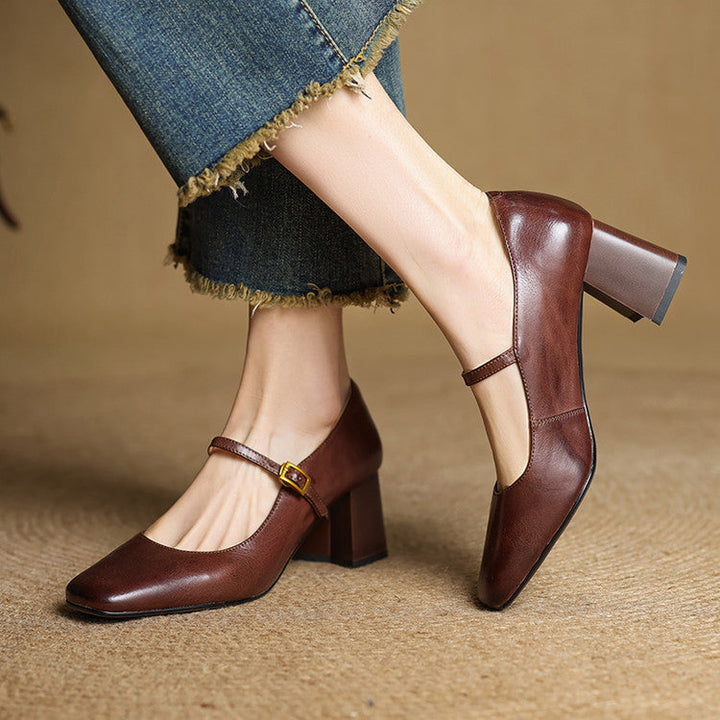 Lenara | Elegant Square Toe Mary Jane Block Heels