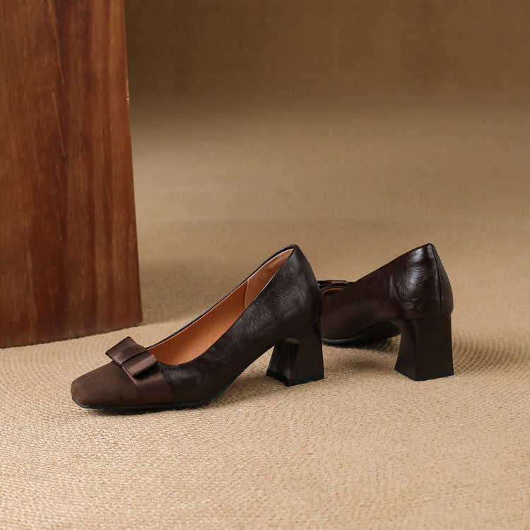 Eloise | Elegant Square Toe Block Heel Pumps With Bow Detail