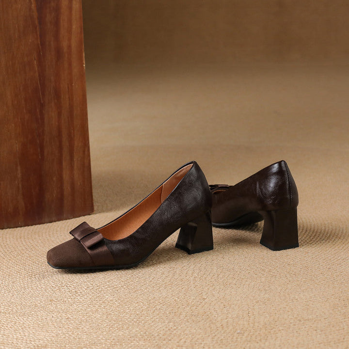 Eloise | Elegant Square Toe Block Heel Pumps With Bow Detail