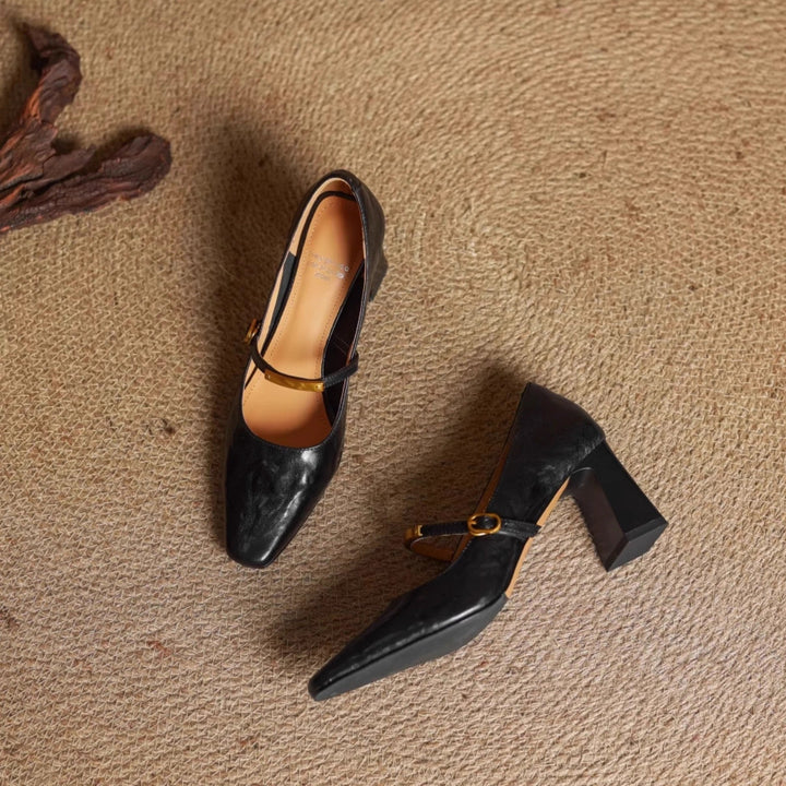 Auria | Elegant Square-Toe Mary Jane Block Heel Pumps
