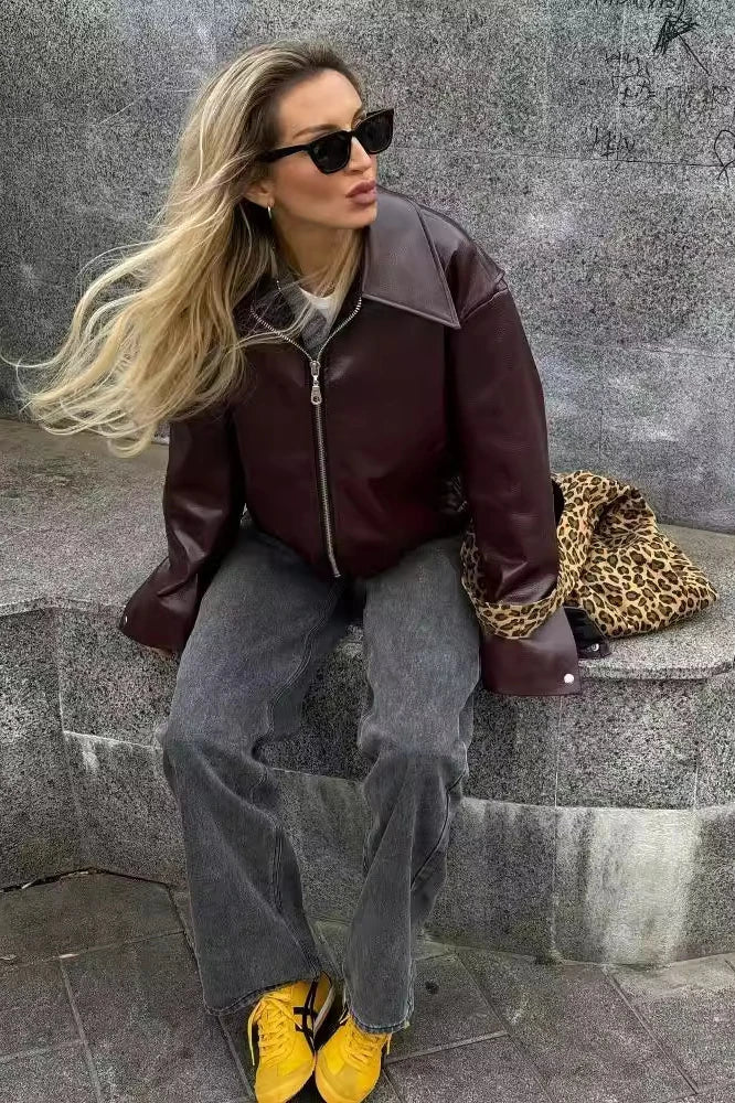 Cordelia | Chic Burgundy Leather Biker Jacket With Zip Front