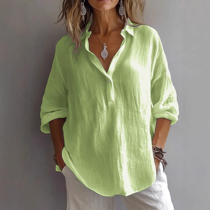 Fran | Chic White Linen V-Neck Button-Up Blouse With Rolled Sleeves