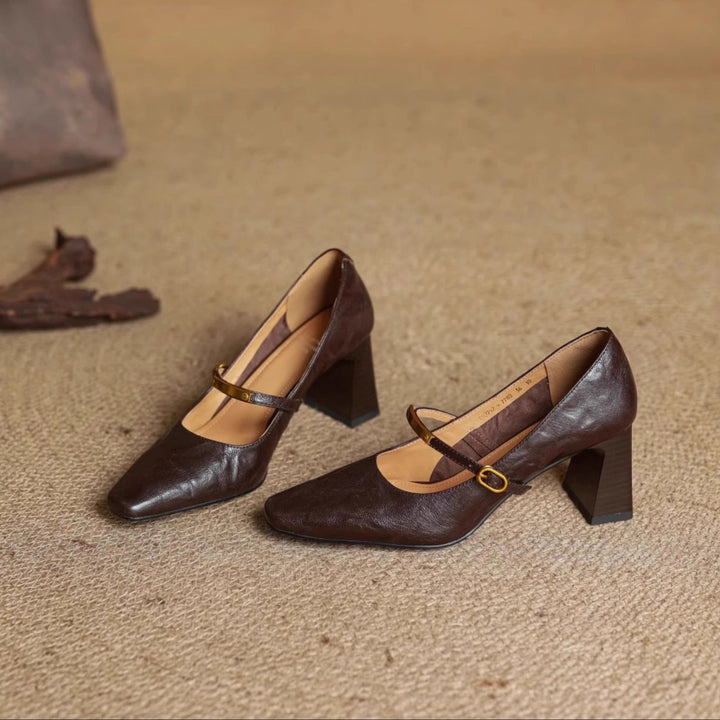 Auria | Elegant Square-Toe Mary Jane Block Heel Pumps
