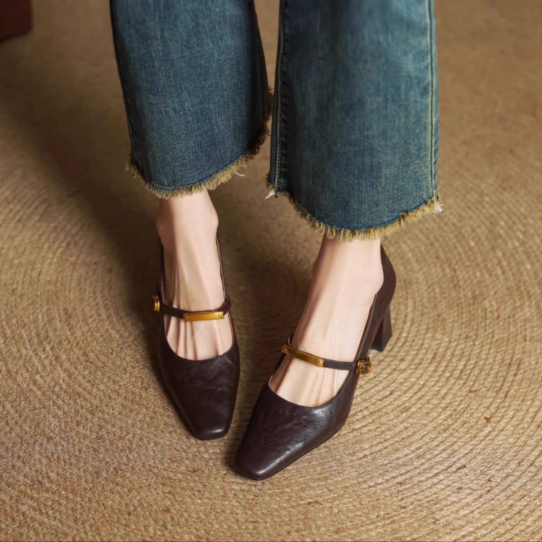 Auria | Elegant Square-Toe Mary Jane Block Heel Pumps