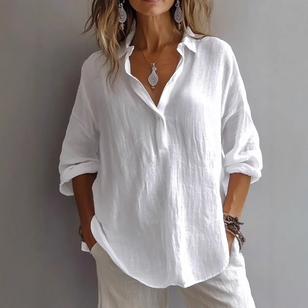 Fran | Chic White Linen V-Neck Button-Up Blouse With Rolled Sleeves