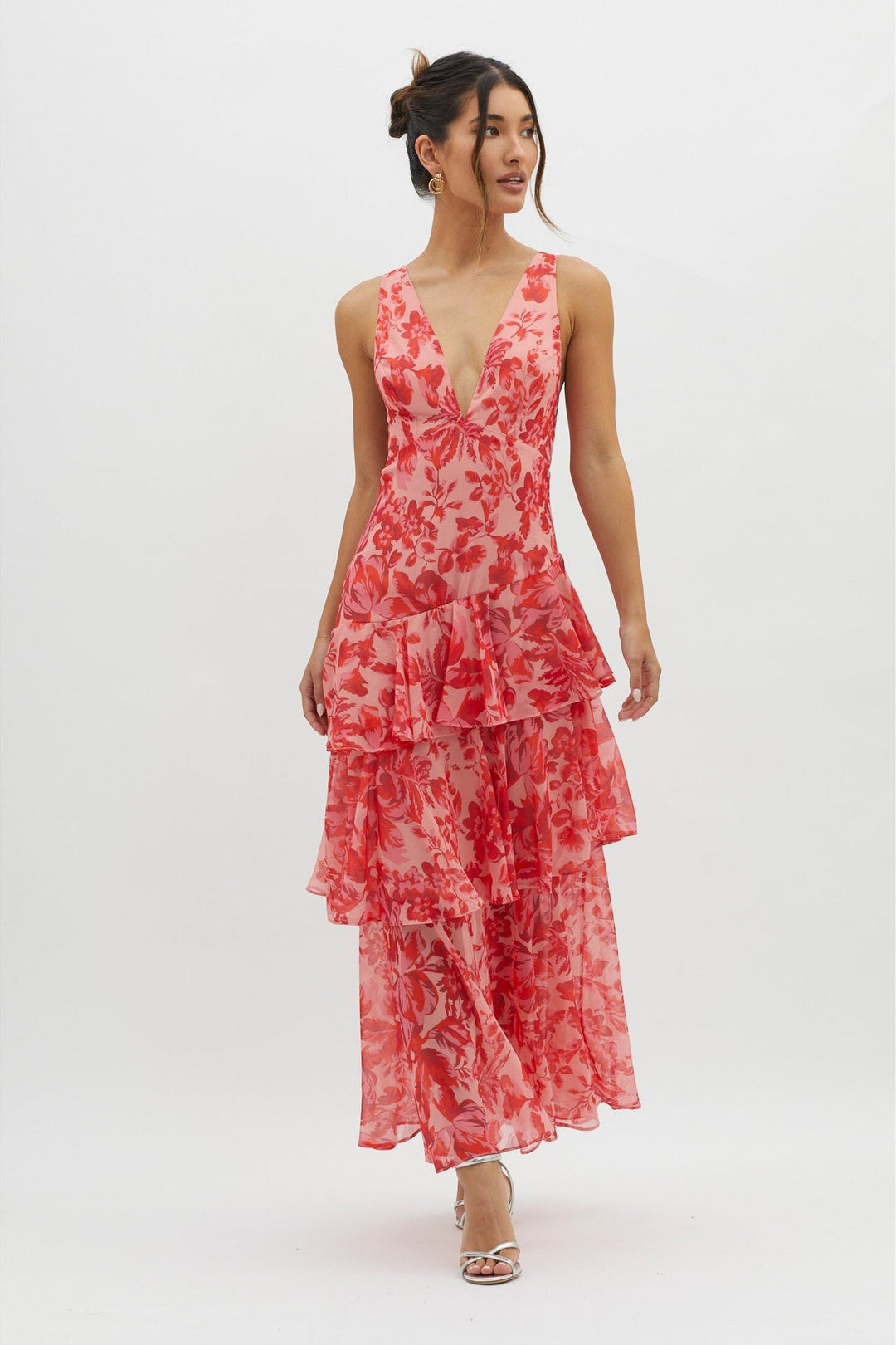 Cordelia | Elegant Tiered Floral V-Neck Ruffle Maxi Dress