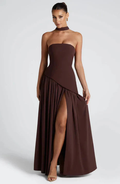 Piper | Elegant Burgundy Halter Maxi Dress With Draped Detail