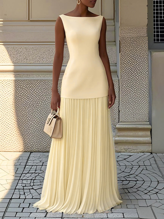 Cecilia | Elegant Sleeveless Pleated Maxi Dress With Boat Neck
