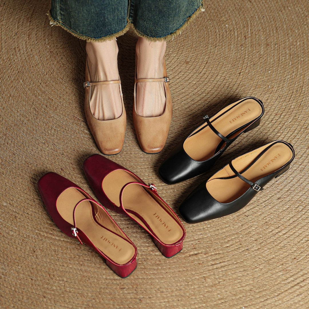 Leona | Elegant Square Toe Block Heel Leather Mules