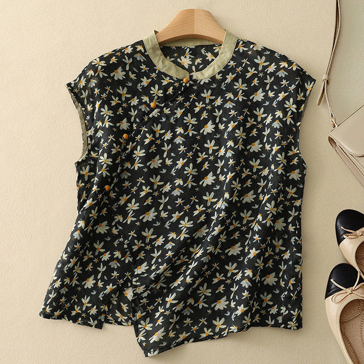 Elyse | Elegant Floral Sleeveless Blouse With Mandarin Collar