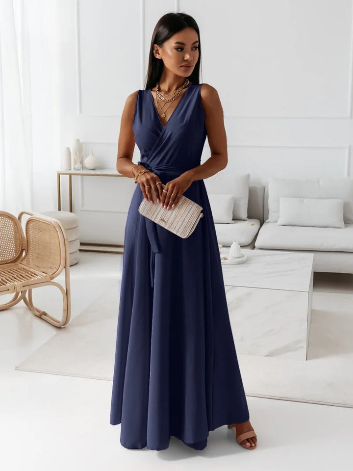 Celeste | Elegant Pink V-Neck Sleeveless Wrap Maxi Dress