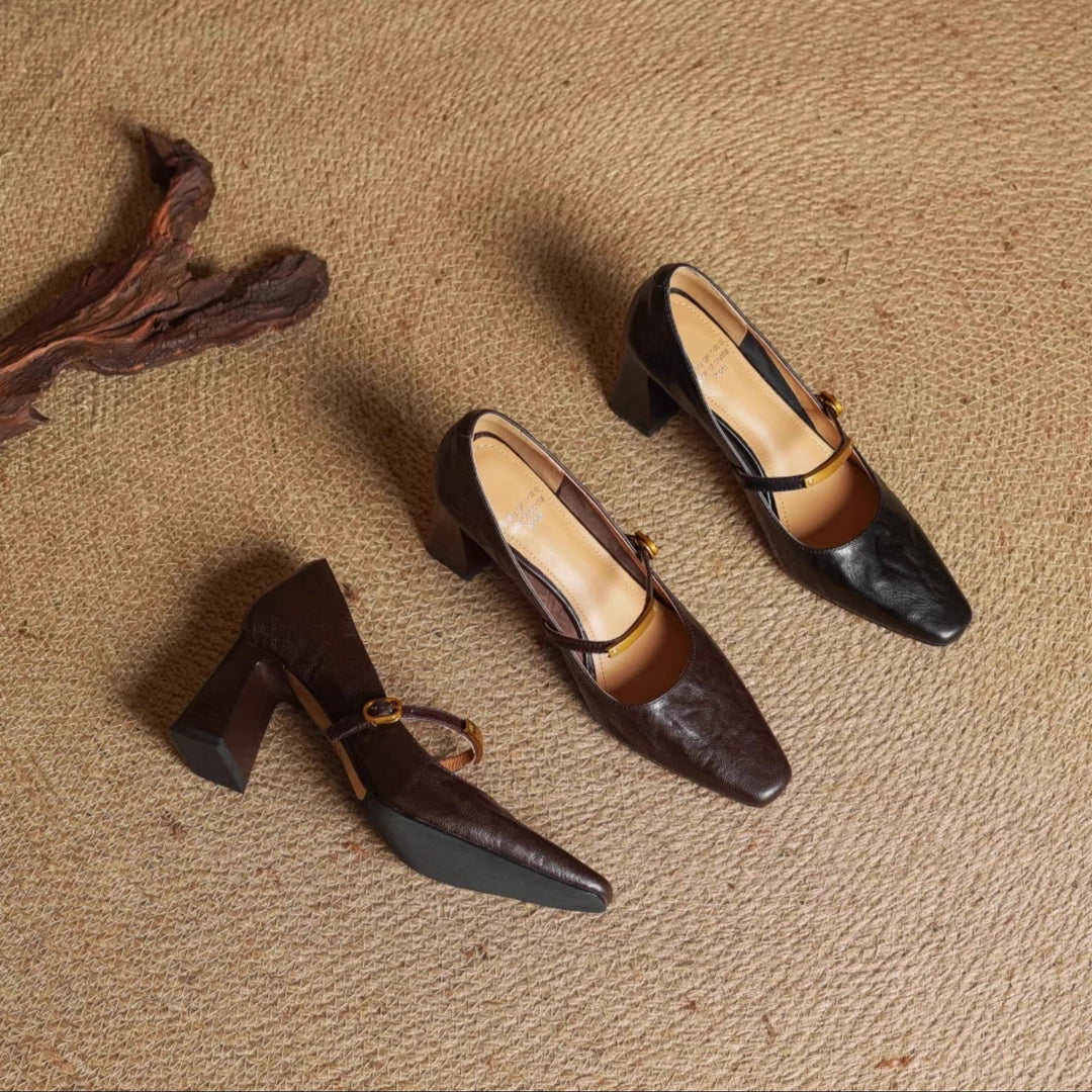 Auria | Elegant Square-Toe Mary Jane Block Heel Pumps