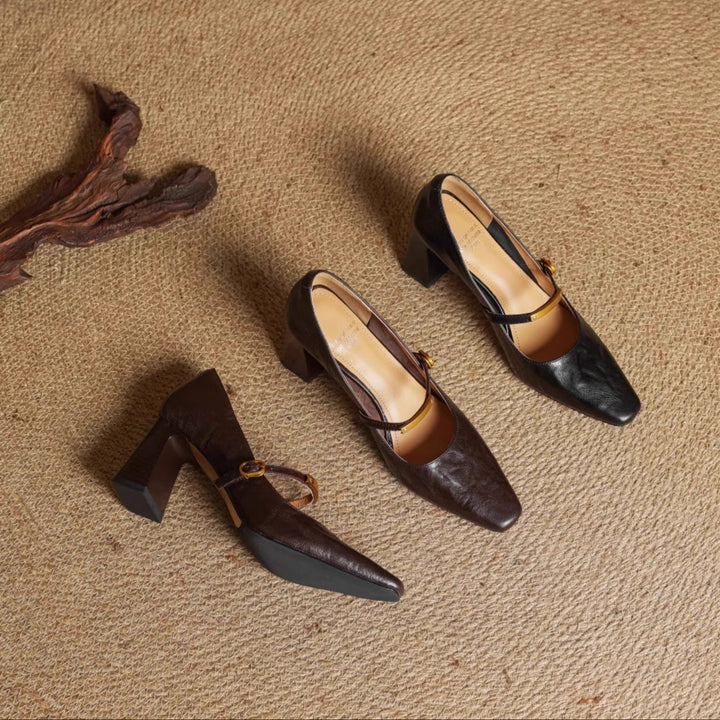Auria | Elegant Square-Toe Mary Jane Block Heel Pumps