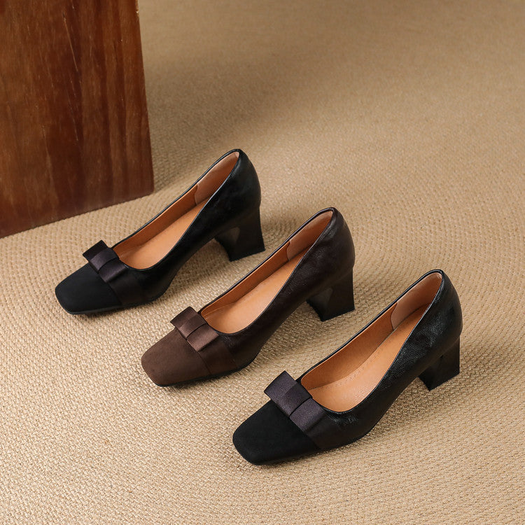 Eloise | Elegant Square Toe Block Heel Pumps With Bow Detail
