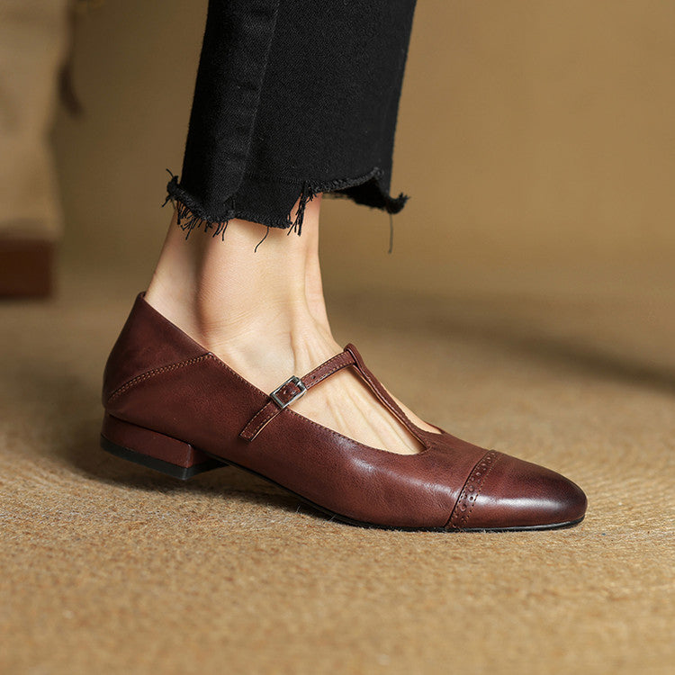 Eleanore | Elegant T-Strap Genuine Leather Mary Jane Flats