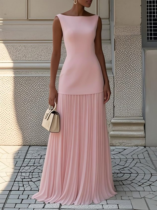 Cecilia | Elegant Sleeveless Pleated Maxi Dress With Boat Neck