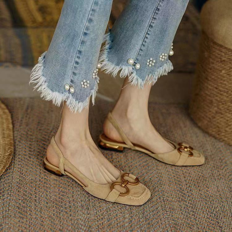 Evelyn | Elegant Navy Slingback Flats With Gold Buckle Detail