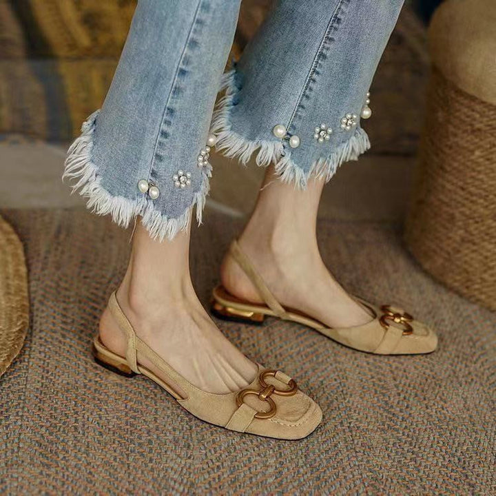 Evelyn | Elegant Navy Slingback Flats With Gold Buckle Detail