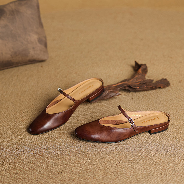 Merisa | Elegant Brown Leather Mary Jane Mules With Cushioned Insole