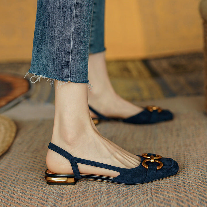 Margot | Elegant Navy Slingback Flats With Gold Buckle Detail