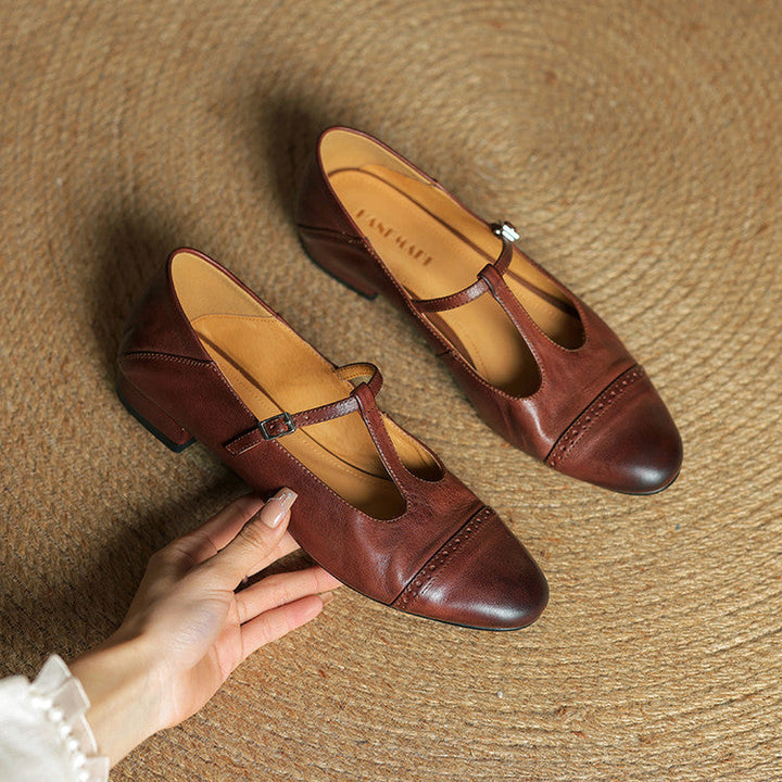 Eleanore | Elegant T-Strap Genuine Leather Mary Jane Flats