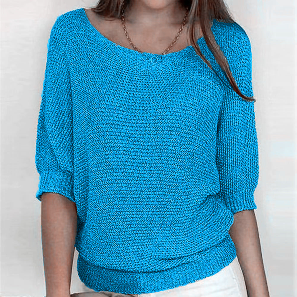 Lila | Chic Blue Textured Knit Pullover With 3/4 Sleeves