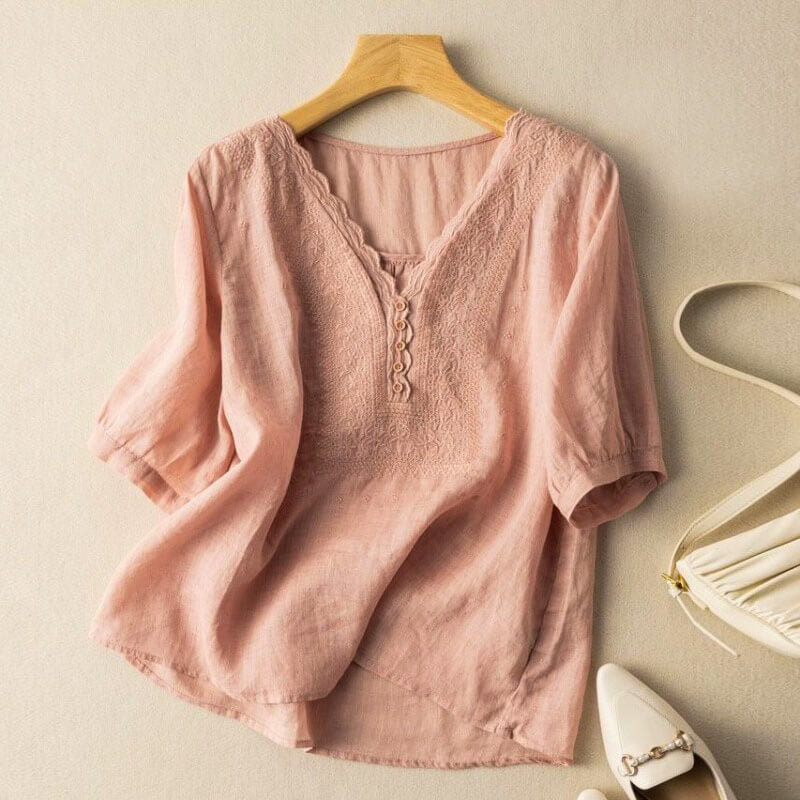 Vivienne | Elegant Embroidered V-Neck Cotton Linen Blouse