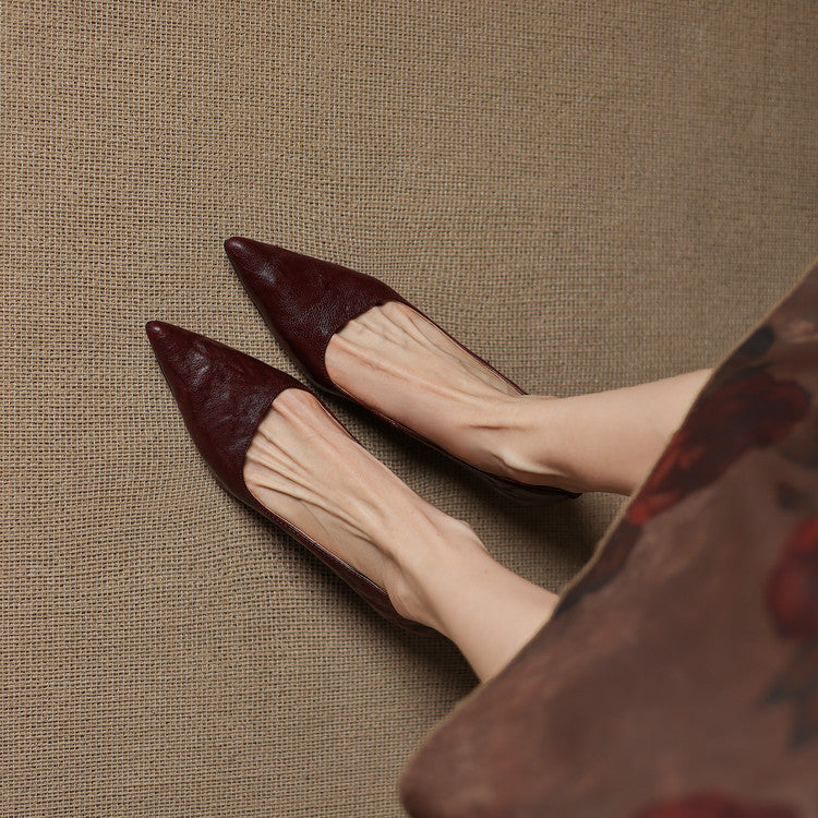 Elyse | Elegant Pointed Toe Burgundy Leather Kitten Heels