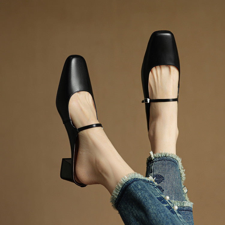 Leona | Elegant Square Toe Block Heel Leather Mules