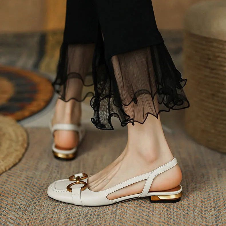 Evelyn | Elegant Navy Slingback Flats With Gold Buckle Detail