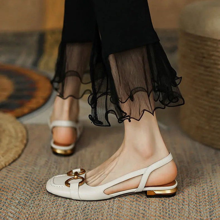 Evelyn | Elegant Navy Slingback Flats With Gold Buckle Detail