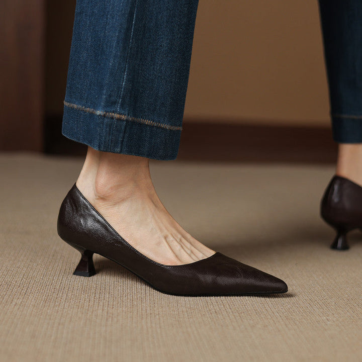 Elyse | Elegant Pointed Toe Burgundy Leather Kitten Heels