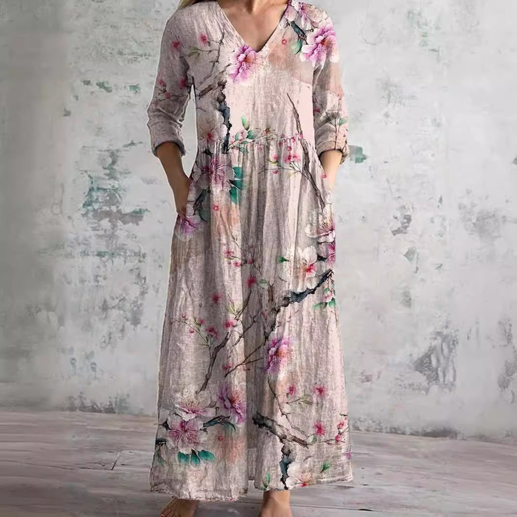 Millie | Elegant V-Neck Floral Maxi Dress With 3/4 Sleeves