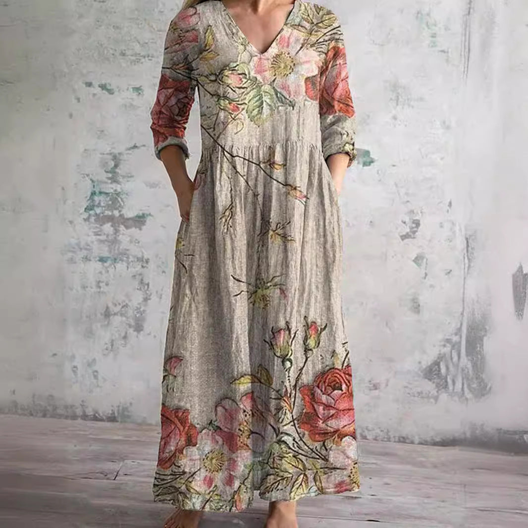 Millie | Elegant V-Neck Floral Maxi Dress With 3/4 Sleeves