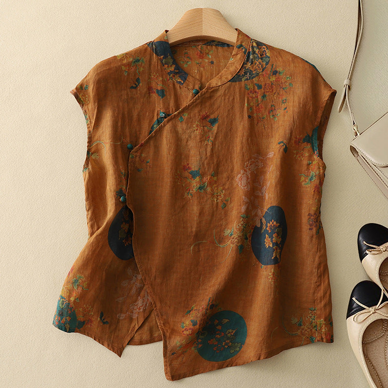 Elyse | Elegant Floral Sleeveless Blouse With Mandarin Collar