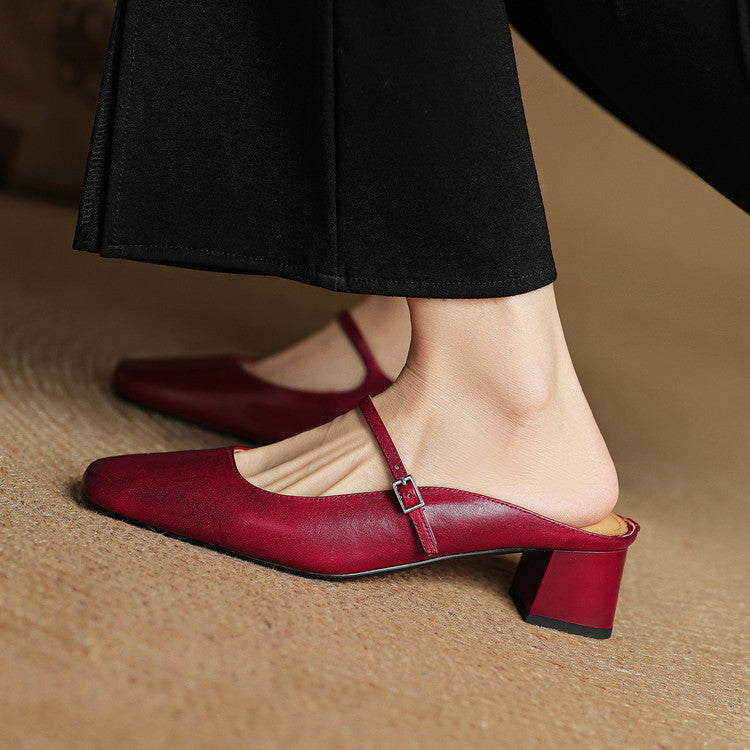 Leona | Elegant Square Toe Block Heel Leather Mules
