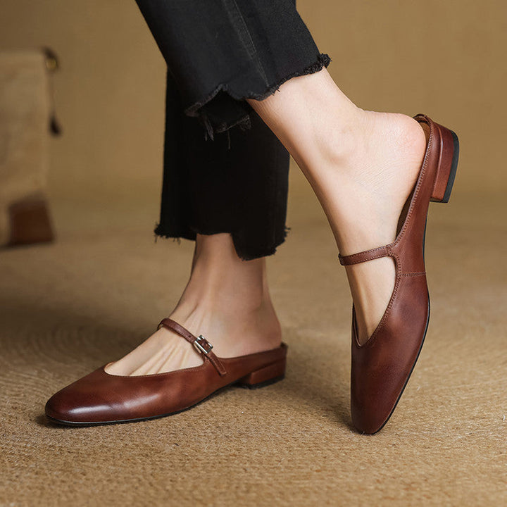 Merisa | Elegant Brown Leather Mary Jane Mules With Cushioned Insole