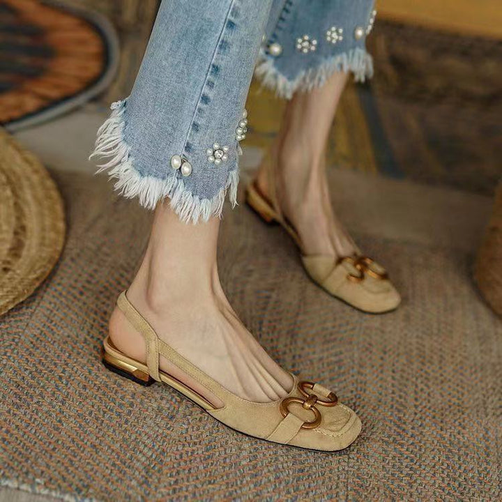 Margot | Elegant Navy Slingback Flats With Gold Buckle Detail