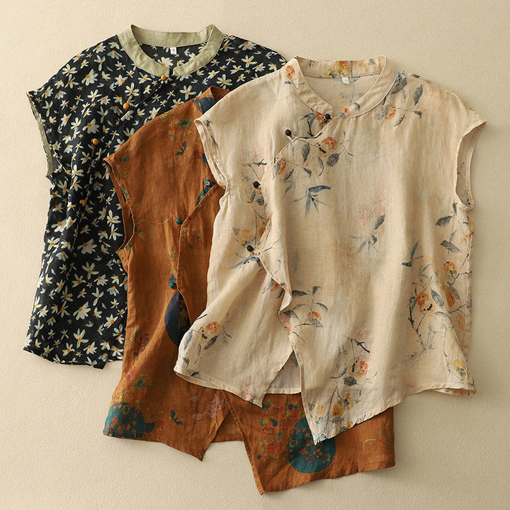 Elyse | Elegant Floral Sleeveless Blouse With Mandarin Collar