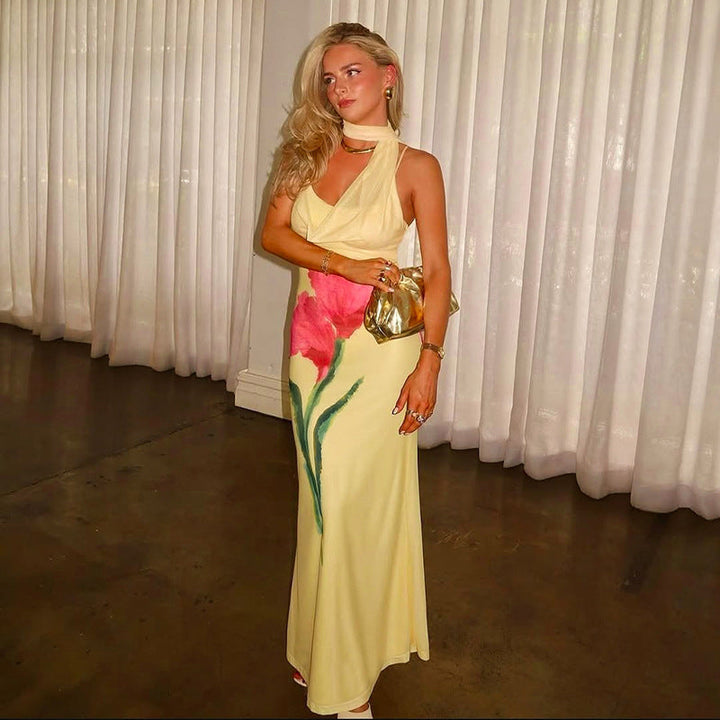 Sybil | Elegant Halter Floral Maxi Dress