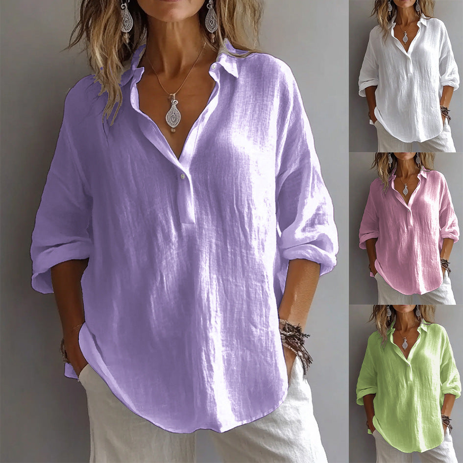 Fran | Chic White Linen V-Neck Button-Up Blouse With Rolled Sleeves