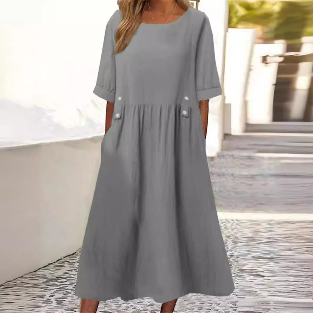 Amelina | Chic Cotton Linen Maxi Dress With Button Details