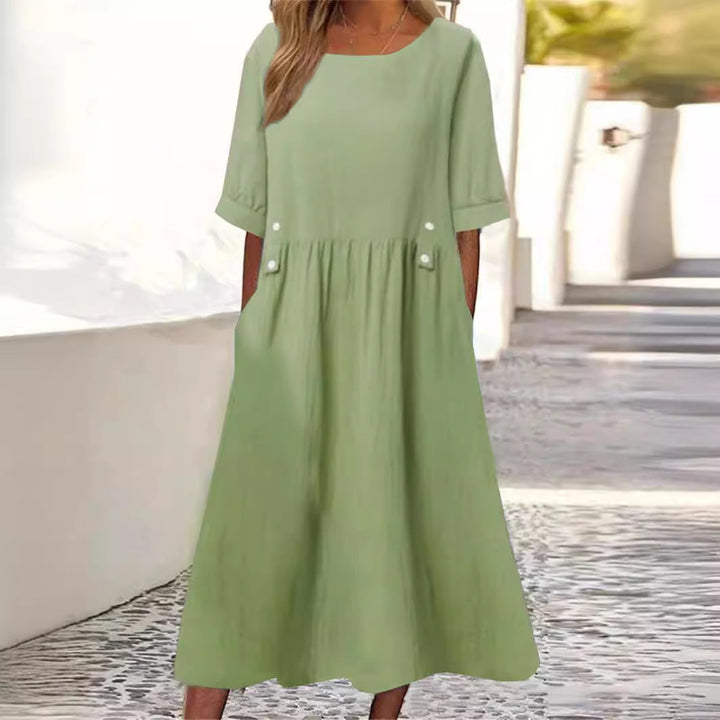 Amelina | Chic Cotton Linen Maxi Dress With Button Details