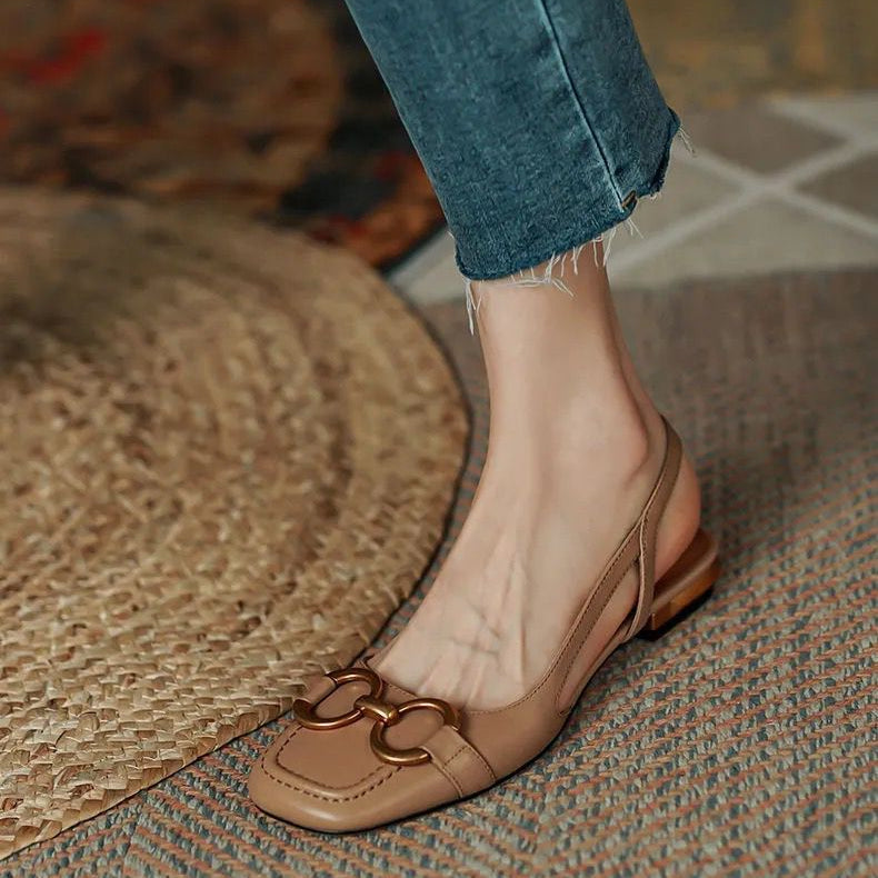 Evelyn | Elegant Navy Slingback Flats With Gold Buckle Detail
