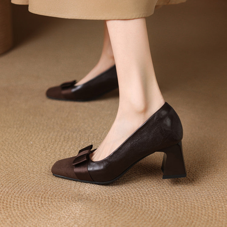 Eloise | Elegant Square Toe Block Heel Pumps With Bow Detail