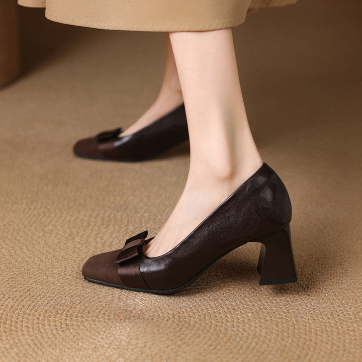 Eloise | Elegant Square Toe Block Heel Pumps With Bow Detail