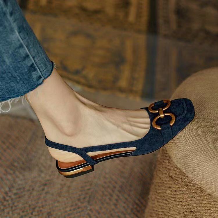 Evelyn | Elegant Navy Slingback Flats With Gold Buckle Detail