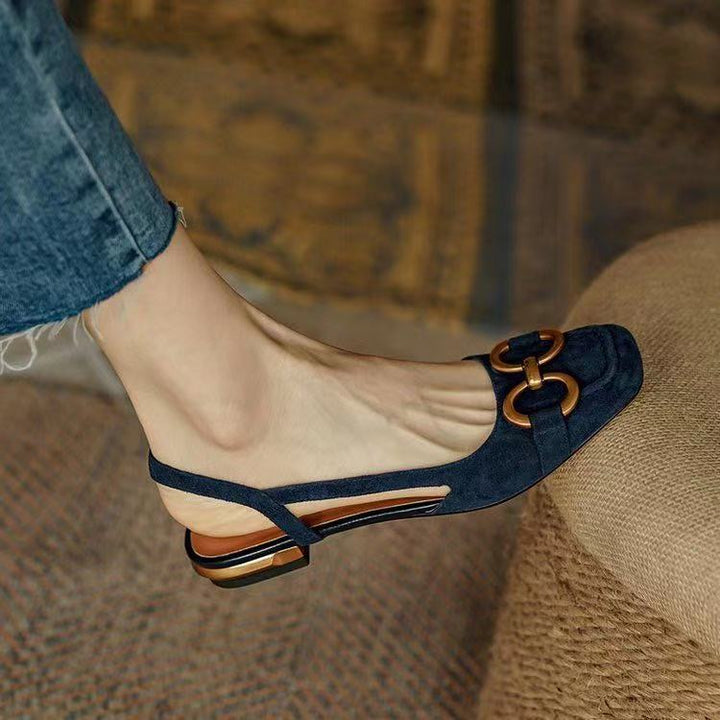 Evelyn | Elegant Navy Slingback Flats With Gold Buckle Detail